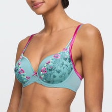 Load image into Gallery viewer, A comfortable sea green bra with contrasting pink double spaghetti straps.
The formed heart shape cup has embroidered fuchsia flowers going down the center of the cup.