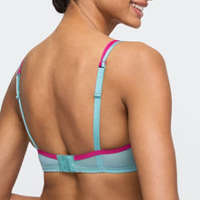 Load image into Gallery viewer, The back of the bra showing adjustable straps an hook-eye adjustable opening.
A contrasting fuchsia border features on the upper part of the back panel.
