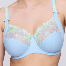Load image into Gallery viewer, Deauville Milky Blue fashion colour is a fabulous full cup underwired bra.
It consists of three panels, to give the best structured support.
A panel on the bottom and side, provide a lift and gathers the breasts neatly. The Lace panel at the top gives a feminine and airy lightness to the style.
The lace continues onto the comfortable adjustable strap with a delicate bow at the base.