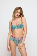 Load image into Gallery viewer, An image of a woman wearing the Lizelot balcony bra and matching full briefs in Bali Green.