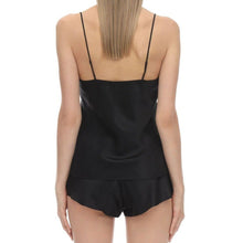 Load image into Gallery viewer, Pure Silk Black Camisole with a V-Neck and skinny adjustable straps. It is Cut on the bias and falls to the curves. The back image.