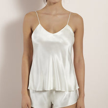 Load image into Gallery viewer, Pure Silk Ivory Camisole with a V-Neck and skinny adjustable straps. It is Cut on the bias and falls to the curves.