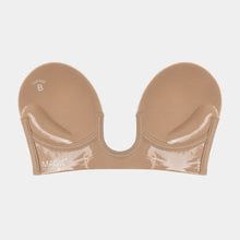 Load image into Gallery viewer, A pair of beige adhesive underwire bra cups with adhesive internal finish, displayed on a light gray background.