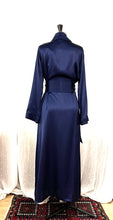 Load image into Gallery viewer, Made in Florence, full length (130cm) beautiful Pure Silk dressing gown. The wide belt is integrated into the back of the robe creating a sleek and smooth style. It has a kimono style collar and two concealed side pockets. French seams throughout for softness. Wonderful to wear over any item or nightwear, or to match with our Clara Rossi Night/Slips and Pyjamas. Composition: Pure Silk Satin Care: Machine or Hand wash in cool water. Details: Loose fitting for comfort and movement.