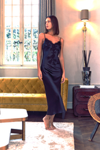 Load image into Gallery viewer, Made in France, a beautiful nightgown made from 100% silk satin. Full length with heavily appliquéd Calais lace detail on the bodice. The straps have an adjustment for creating the perfect fit. Luxurious, elegant nightwear. Composition: 100% Silk Satin Calais Lace 75% Cotton, 25% Nylon Care instructions: Machine or Hand wash in cold water. Made in France.