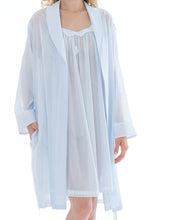 Load image into Gallery viewer, SALE Short (102cm), shawl collar short robe. Made in Germany from the finest mousseline, this short, diaphanous robe is a 100% pure cotton. It offers the wearer perfect cover without heaviness. COLOURS NOT AS IMAGES  Celestine garments are addictive, so watch out. Once tried, there is no turning back!   Celestine nightwear, dressing gowns and short robes drop from the shoulder, therefore one size fits all.
