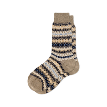 Load image into Gallery viewer, A pair of knit cashmere socks with a Fair Isle pattern in beige, navy blue, and light blue, shown against a plain white background.