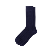 Load image into Gallery viewer, A pair of navy blue cashmere ribbed crew socks displayed against a solid white background.