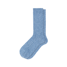 Load image into Gallery viewer, A pair of denim blue cashmere ribbed crew socks displayed against a solid white background.