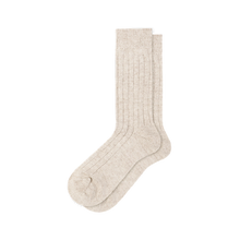 Load image into Gallery viewer, A pair of natural beige cashmere ribbed crew socks displayed against a solid white background.