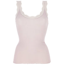 Load image into Gallery viewer, Black. Singlet style delicate fine ribbed knit fabric in pure silk organza with the most elegant and feminine French leavers lace and the neckline and shoulder. The lace is certified and numbered as true “Dentelle de Calais®”. Super-soft touch with no side seams, the construction is for the ultimate in comfort. Featuring a gently scooped neckline this singlet allows for a multiple of uses, as underwear or outerwear. 100% Silk All Oscalito Sik is certified GOTs. Machine washable