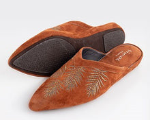 Load image into Gallery viewer, Stylish Moroccan style suede slippers. All suede upper with padded insole for extra comfort. Rubber sole for non-slip wear. Perfect for home or outerwear. Rust Gold.