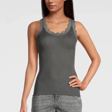 Load image into Gallery viewer, Smoke. Singlet style delicate fine ribbed knit fabric in pure silk organza with the most elegant and feminine French leavers lace and the neckline and shoulder. The lace is certified and numbered as true “Dentelle de Calais®”. Super-soft touch with no side seams, the construction is for the ultimate in comfort. Featuring a gently scooped neckline this singlet allows for a multiple of uses, as underwear or outerwear. 100% Silk All Oscalito Sik is certified GOTs. Machine washable