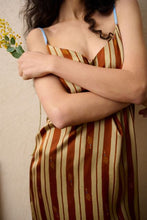 Load image into Gallery viewer, Heavy weight Stripe Silk Nightgown made by Luuna Mine; an artisan design studio based in Shanghai. This is a simple nightgown with a deep V back and contrasting adjustable spaghetti straps and with a signature moon print detail. Made 100% pure heavyweight Silk Satin and with French seams throughout. Perfect for sleeping, loungewear & perhaps even outerwear! Composition: Pure Silk Satin. Machine washable.
