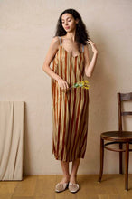 Load image into Gallery viewer, Heavy weight Stripe Silk Nightgown made by Luuna Mine; an artisan design studio based in Shanghai. This is a simple nightgown with a deep V back and contrasting adjustable spaghetti straps and with a signature moon print detail. Made 100% pure heavyweight Silk Satin and with French seams throughout. Perfect for sleeping, loungewear & perhaps even outerwear! Composition: Pure Silk Satin. Machine washable.