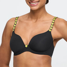 Load image into Gallery viewer, Black bikini top with smiley face straps worn by a model on a white background