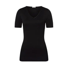 Load image into Gallery viewer, A black seamless cotton T-Shirt style top. It has a short sleeves and a V-Neck.