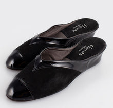 Load image into Gallery viewer, Very graceful suede and patent leather slippers. The vamp is a combination of suede and leather. The insole is padded for extra comfort. Stylish patent leather on the toe continues as a detail on the top of the vamp and around to the gentle heel. The low heel is elegant and gives a little height if required. Perfect for home or outerwear.