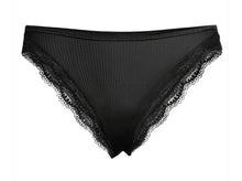Load image into Gallery viewer, Black. Bikini style delicate fine ribbed knit fabric in pure silk organza with the most elegant and feminine French leavers lace at the leg. The lace is certified and numbered as true “Dentelle de Calais®”. Super-soft touch the construction is for the ultimate in comfort. 100% Silk All Oscalito Sik is certified GOTs. Machine washable