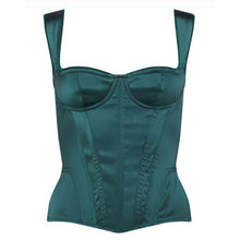 Load image into Gallery viewer, This is a beautiful, traditional corset made the French way. The Daisy Corset is in a subtle soft satin. The front is boned for perfect shaping. The back has elastic panels with central zip opening, ensuring a perfect fit. The wide straps and cupped bustline enhances the bosom and highlights the waist. This is a stunning garment, meant for the wearer who wants to be noticed for their style and figure. It may be worn both as underwear and outerwear. Made in France. Forest Green.