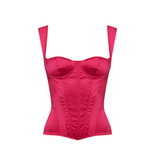 Load image into Gallery viewer, This is a beautiful, traditional corset made the French way. The Daisy Corset is in a subtle soft satin. The front is boned for perfect shaping. The back has elastic panels with central zip opening, ensuring a perfect fit. The wide straps and cupped bustline enhances the bosom and highlights the waist. This is a stunning garment, meant for the wearer who wants to be noticed for their style and figure. It may be worn both as underwear and outerwear. Made in France. Strawberry Pink
