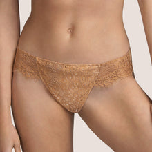 Load image into Gallery viewer, Classic Andres Sarda bikini style Rio Brief. The front made entirely of Leavers lace. The back is sheer tulle for smoothness under clothing. The Golden-Brown colours works beautifully as a natural nude. Fabric Content: Polyamide: 35%, Cotton: 24%, Polyester: 22%, Silk:14%, Elastane: 5%