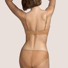 Load image into Gallery viewer, Classic Andres Sarda bikini style Rio Brief. The front made entirely of Leavers lace. The back is sheer tulle for smoothness under clothing. The Golden-Brown colours works beautifully as a natural nude. Fabric Content: Polyamide: 35%, Cotton: 24%, Polyester: 22%, Silk:14%, Elastane: 5%