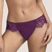 Load image into Gallery viewer, Classic Andres Sarda bikini style Rio Brief. The front made entirely of Leavers lace. The back is sheer tulle for smoothness under clothing. The colour Tourmaline is an Aubergine shade, perfect for all skin tones. Fabric Content: Polyamide: 35%, Cotton: 24%, Polyester: 22%, Silk:14%, Elastane: 5%