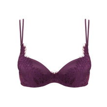 Load image into Gallery viewer, Formed Plunge bra. The Leavers lace over the centre of the cup. The cups and double rouleau straps are made of silk for perfect softness against the skin. The colour Tourmaline is an Aubergine shade, perfect for all skin tones. Fabric Content: Polyester: 52%, Silk: 20%, Polyamide: 15%, Cotton: 11%, Elastane: 2% Lace: Leavers.