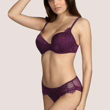 Load image into Gallery viewer, Formed Plunge bra. The Leavers lace over the centre of the cup. The cups and double rouleau straps are made of silk for perfect softness against the skin. The colour Tourmaline is an Aubergine shade, perfect for all skin tones. Fabric Content: Polyester: 52%, Silk: 20%, Polyamide: 15%, Cotton: 11%, Elastane: 2% Lace: Leavers.
