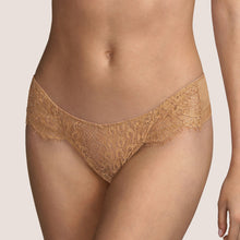 Load image into Gallery viewer, Beautiful low-cut Tanga style G/String. The front made entirely of Leavers lace. The back is a classic style sheer tulle G/String, perfect for smoothness under clothing. The colour Tourmaline is an Aubergine shade, perfect for all skin tones. Fabric Content: Polyamide: 42%, Polyester: 28%, Cotton: 26%, Elastane: 4%