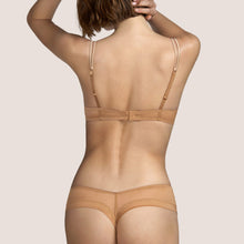 Load image into Gallery viewer, Beautiful low-cut Tanga style G/String. The front made entirely of Leavers lace. The back is a classic style sheer tulle G/String, perfect for smoothness under clothing. The colour Tourmaline is an Aubergine shade, perfect for all skin tones. Fabric Content: Polyamide: 42%, Polyester: 28%, Cotton: 26%, Elastane: 4%