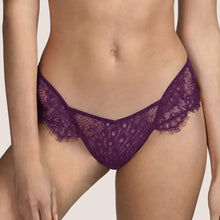 Load image into Gallery viewer, Beautiful low-cut Tanga style G/String. The front made entirely of Leavers lace. The back is a classic style sheer tulle G/String, perfect for smoothness under clothing. The colour Tourmaline is an Aubergine shade, perfect for all skin tones. Fabric Content: Polyamide: 42%, Polyester: 28%, Cotton: 26%, Elastane: 4%