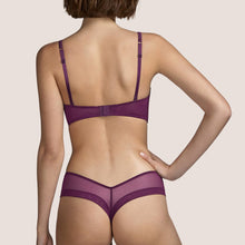 Load image into Gallery viewer, Beautiful low-cut Tanga style G/String. The front made entirely of Leavers lace. The back is a classic style sheer tulle G/String, perfect for smoothness under clothing. The colour Tourmaline is an Aubergine shade, perfect for all skin tones. Fabric Content: Polyamide: 42%, Polyester: 28%, Cotton: 26%, Elastane: 4%