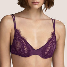 Load image into Gallery viewer, Classic underwired bra. The Leavers lace over the centre of the cup suggests a peek-a-boo look while offering full support. The double rouleau straps are made of silk, which is so soft against the skin. The colour Tourmaline is an Aubergine shade, perfect for all skin tones. Fabric Content: Polyamide: 35%, Polyester: 33%, Cotton: 21%, Silk: 9%, Elastane: 2% Lace: Leavers.