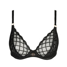 Load image into Gallery viewer, Black. A luxurious deep plunge bra. The lace effect to the front gives a stylish and modern look. The underwire cups offer full support. Perfect under any outfit.
Fabric content: Elastane:22%, Polyester:12%, Polyamide:66%