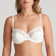 Load image into Gallery viewer, BEST SELLER & back again by popular demand! A half lace, half formed cup balconnet bra. This bra all the benefits of a lace bra but also all the shape and cover of a formed cup bra. It is a win-win situation. The final icing on the cake is the delicate two strap detail which has all the strength of a wider strap without the bulk. Fabric content: Polyamide: 49%, Polyester: 34%, Elastane: 17%. Ivory.