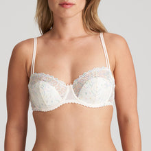 Load image into Gallery viewer, BEST SELLER &amp; back again by popular demand!  A half lace, half formed cup balconnet bra. This bra all the benefits of a lace bra but also all the shape and cover of a formed cup bra. It is a win-win situation. The final icing on the cake is the delicate two strap detail which has all the strength of a wider strap without the bulk.   Fabric content: Polyamide: 49%, Polyester: 34%, Elastane: 17%. Boudoir Cream.
