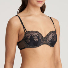 Load image into Gallery viewer, This formed cup balconnet bra gives a lovely horizontal neckline. It is the perfect bra for under tops and dresses. The formed cup offers a uniform shape to the bust. The overlaid black Italian lace presents a classical, feminine look.  Fabric content: Polyamide: 60%, Polyester: 32%, Elastane: 8%
