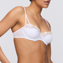 Load image into Gallery viewer, This is an all lace half-formed balconnet bra. The cups give all the cover of a formed cup but with the lightness of an all lace embroidered mesh bra. The straps have a double detail giving the impression of lightness while offering full support.
Fabric Content: Polyester:47%, Polyamide:40%, Elastane:13%