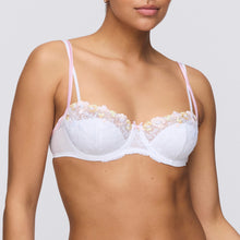 Load image into Gallery viewer, This is an all lace half-formed balconnet bra. The cups give all the cover of a formed cup but with the lightness of an all lace embroidered mesh bra. The straps have a double detail giving the impression of lightness while offering full support.
Fabric Content: Polyester:47%, Polyamide:40%, Elastane:13%