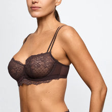 Load image into Gallery viewer, Brown lace bra worn by a model on a light gray background