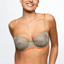 Load image into Gallery viewer, Woman wearing a floral bra with orange trim on a white background