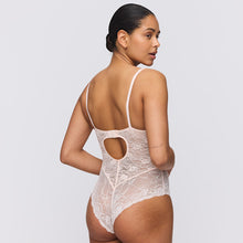 Load image into Gallery viewer, Crystal Pink all-lace underwired plunge body. It has a half-formed cup giving a lovely feminine shape that is comfortable and stylish. It offers full coverage, and the plunge cups add cleavage to any size. The wide lace straps are attractive enough to be shown.
