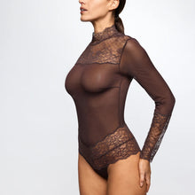 Load image into Gallery viewer, Brown lace bodysuit worn by a model on a white background