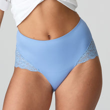 Load image into Gallery viewer, Santorini Blue. Gentle light control brief married with exceptional comfort. These full briefs are a seamless fit under your LBD or your favourite trousers. Beautiful lace detail at the bottom and hips completes this feminine look. Smooth finish, light control, and full style. Perfect! Fabric: Polyamide: 82%, Elastane:14%, Cotton: 4%