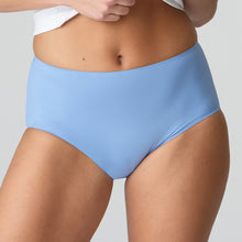 Load image into Gallery viewer, Santorini Blue. Perfect fit and comfort thanks to these high briefs without visible seams or stitching. The soft microfibre fits snugly over the bum and offers light control on the tummy. A fine glossy border on the waist adds a luxurious touch. No label on the inside and with a soft cotton gusset. These briefs are worn high on the tummy and rest on the hip to elongate the legline. Fabric Content: Polyamide: 79%, Elastane:15%, Polyester: 4%, Cotton: 2%.