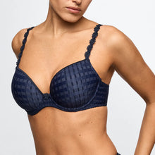 Load image into Gallery viewer, Navy blue bra with lace detailing on a plain background