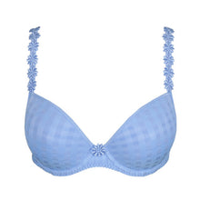 Load image into Gallery viewer, BEST SELLER! Formed cup, deep plunge underwired smooth bra. It supports the bust and gives a beautiful shape while offering a feminine, plunge effect. The signature daisy straps complete the picture! Fabric Content: Polyester: 48%, Polyamide: 43%, Elastane: 9%. Santorini Blue.