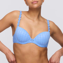 Load image into Gallery viewer, BEST SELLER! Formed cup, deep plunge underwired smooth bra. It supports the bust and gives a beautiful shape while offering a feminine, plunge effect. The signature daisy straps complete the picture! Fabric Content: Polyester: 48%, Polyamide: 43%, Elastane: 9%. Santorini Blue.